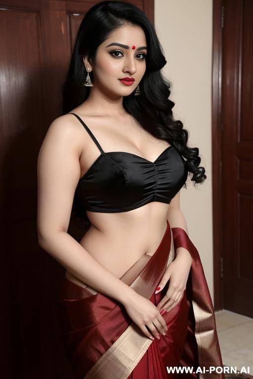 pale skin, cute, beautiful, indian woman, round glasses, round boobs, red saree, chubby, full body - #main