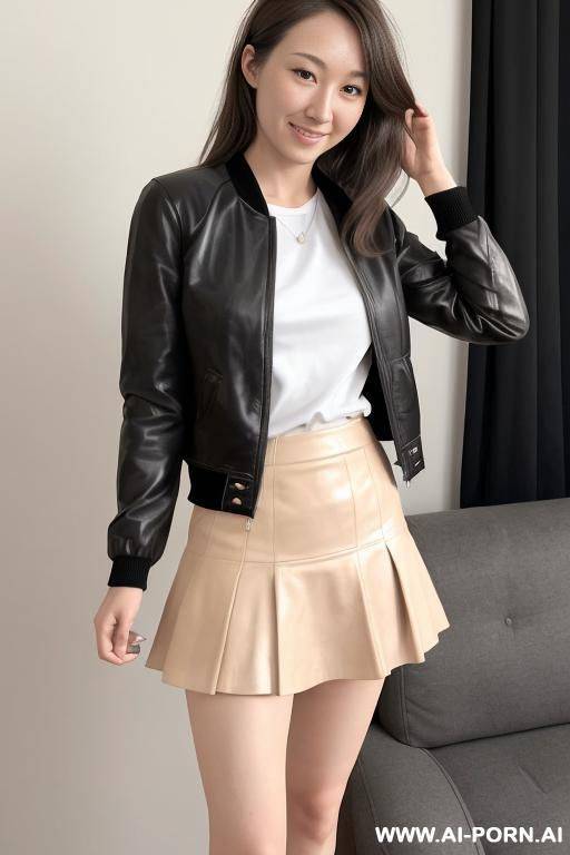 openned leather jacket. without shirt. no bra, showing tits. short skirt. big thighs. wide hips - #main