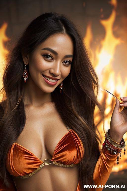 (highest quality) solo, (pretty face) (two-toned hair) ((long hair)) ((hot skin-tone)) (extremely pretty) ((close-up)) ((wearing velvet-top)) ((she is tanned)) ((graceful lady)) (((she is invoking massive fires))) - #main