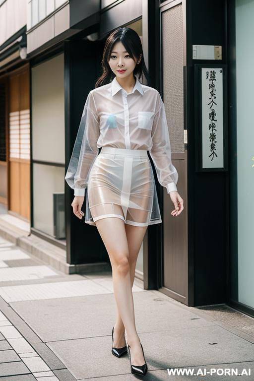 a japanese woman walking down the street wearing transparent uniform shirt and skirt. - #main