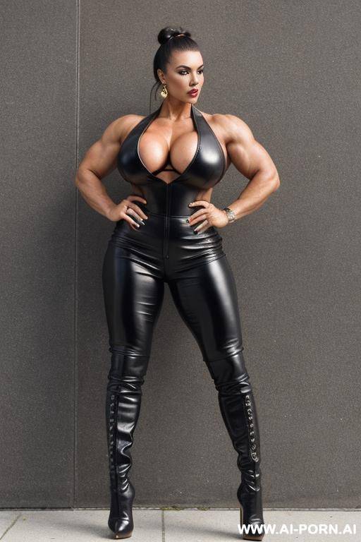 fully in leather, big, strong body building milf with a hair bun, high leather boots, stiletto heel, standing tall, leather trousers - #main