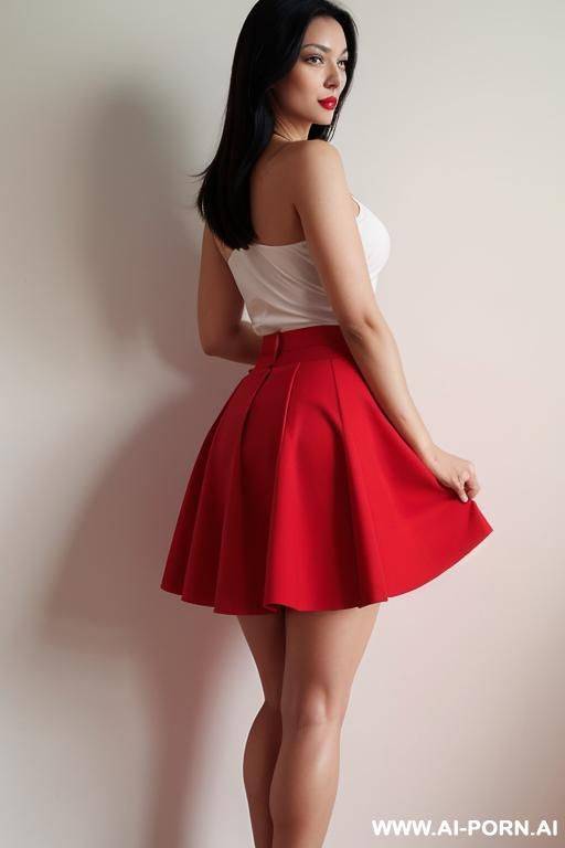 a woman in a red skirt bends over, her legs are shoulder width apart. - #main