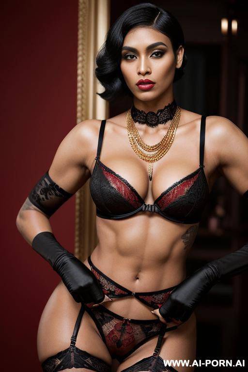 ((((masculine woman)))), ((((masculine woman)))), ((( black hair))), (((masculine woman))), (((masculine woman))), red and black lace garter belt, red lace stockings, black bodysuit, black gloves, gold key necklace - #main