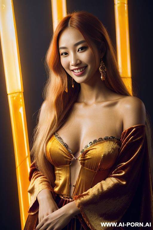 (highest quality) solo, (pretty face) (two-toned hair) ((long transparent golden hair)) ((hot skin-tone)) (extremely pretty) ((close-up)) ((wearing velvet-top)) ((she is tanned)) ((graceful lady)) (((she is invoking massive holylights))) - #main