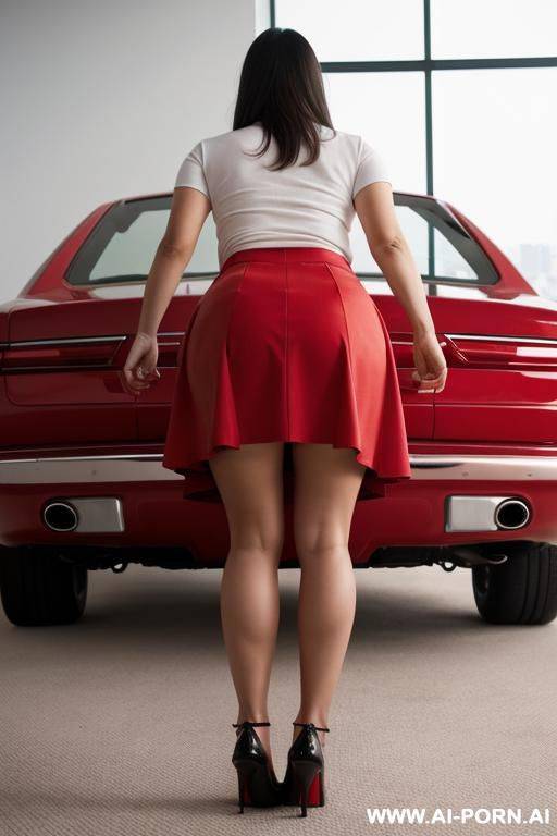 the woman in the red skirt leans ford, touching the floor with her hands, legs wide apart, a view from the back. - #main