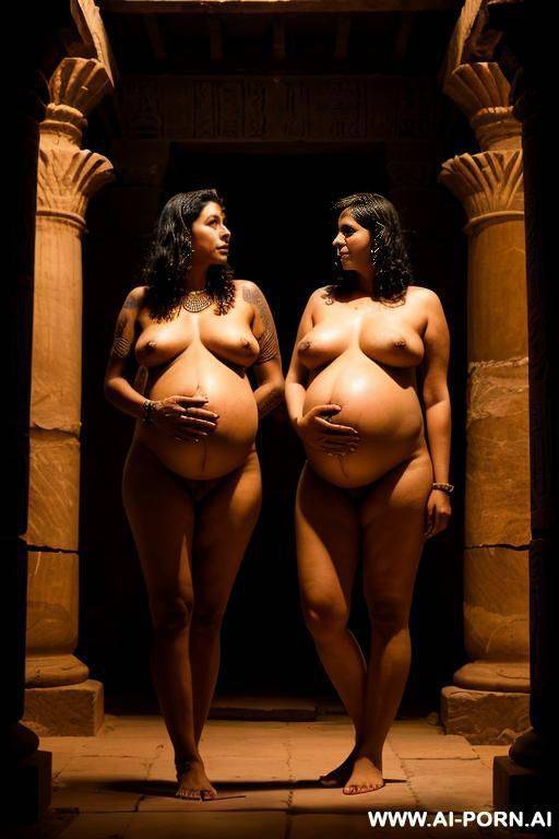 two women, indian, sad, lactation, pregnant, big natural boobs, nude in a dark egiptian temple, tatoos, at night, ritual, lesbian - #main