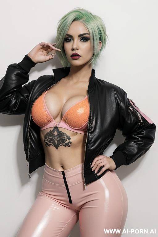 ((beautiful gothic woman with athletic body, athletic build, gorgeous figure, wide hips, pink and light green hair, natural breasts, expressive thick black eyebrows,)) ((body covered with tattoos, - #main