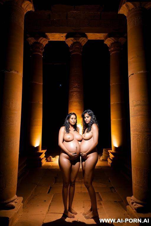 two women, indian, sad, lactation, pregnant, big natural boobs, nude in a dark egiptian temple, tatoos, at night, ritual - #main