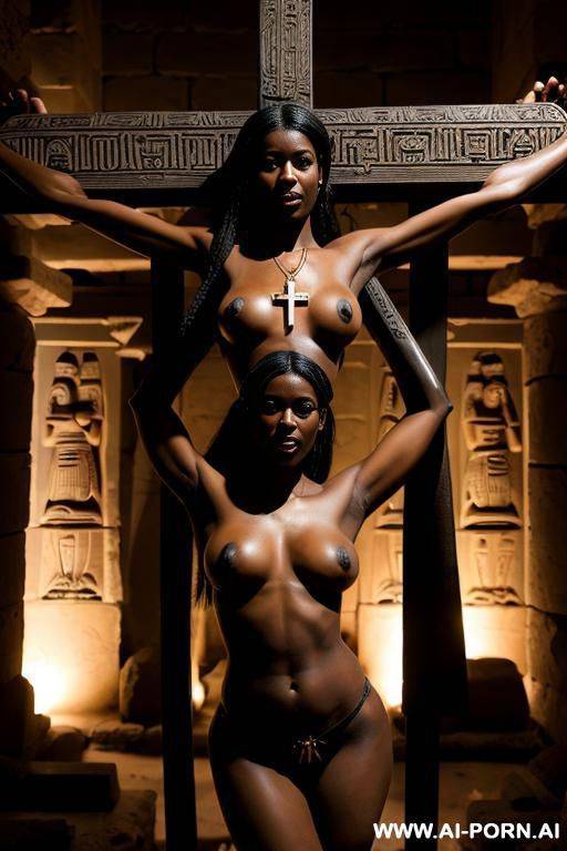 ebony princess crucified in a cross, big saggy boobs, in a dark egiptian temple - #main