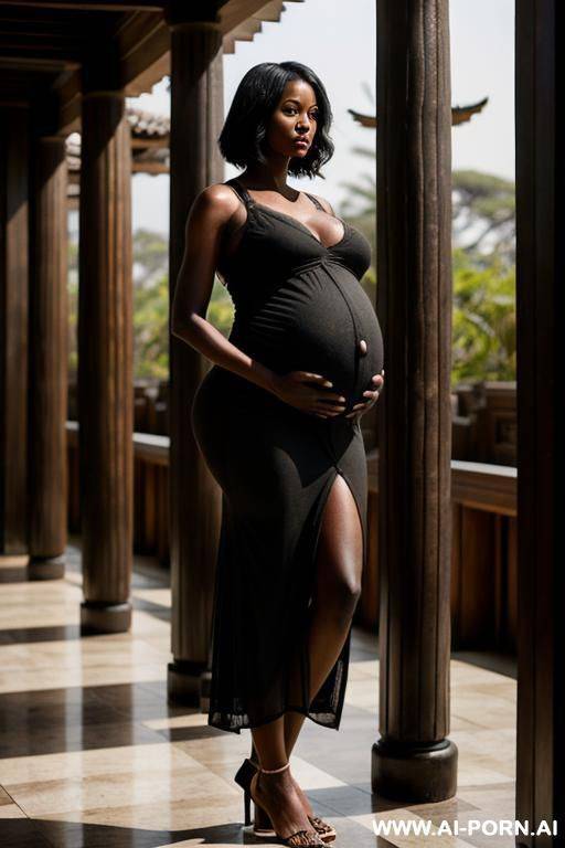 (((ebony, elder, pregnant, natural booba))), standing in a temple - #main