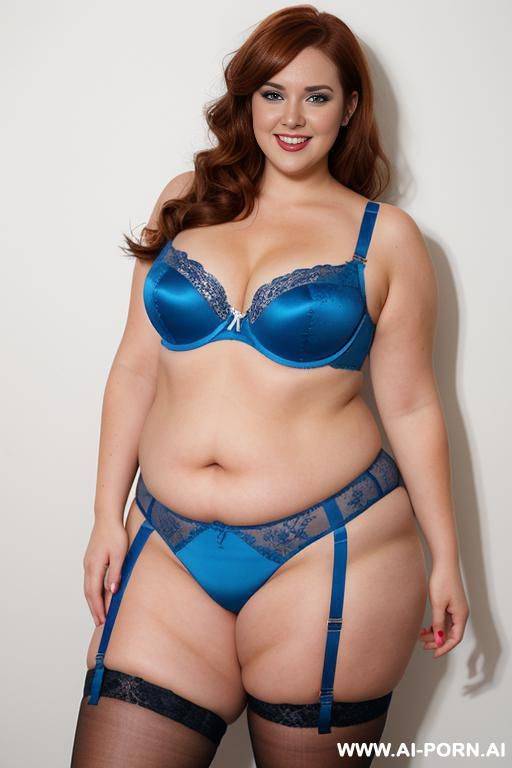 full body photo shot from dinamyc angle, photo studio, fat bbw curvy woman, wearing a sexy and hot blue garter belt lingeries, she is stand up, wearing a bra without cups - #main