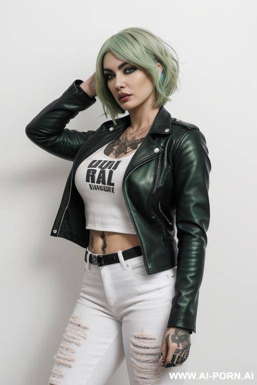 ((beautiful gothic woman with athletic body, athletic build, gorgeous figure, wide hips, natural breasts, light green hair , expressive thick black eyebrows,)) ((body covered with tattoos, white skin, - #main