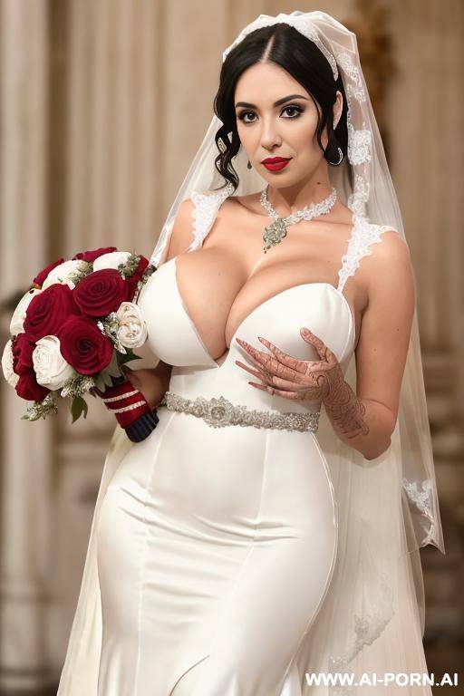 agressive makeup, red lipstick, skin, black stockings, black elbow lenght gloves, black bride veil, pressing large bouquet of red roses to her chest - #main