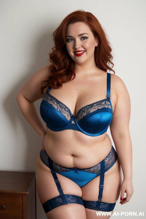 full body photo shot from dinamyc angle, photo studio, fat bbw curvy woman, wearing a sexy and hot blue garter belt lingeries, she is stand up, wearing a cuppless bra, red lips. - #main