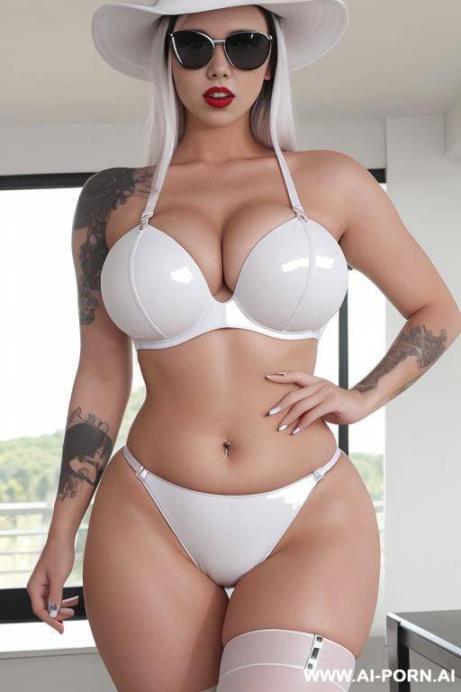 sexy woman, skin, white tattoos, white hat, sunshine bright day, sexy look, bbw, oiled skin, white hair, thick thighs, white bikini, partially nude - #main