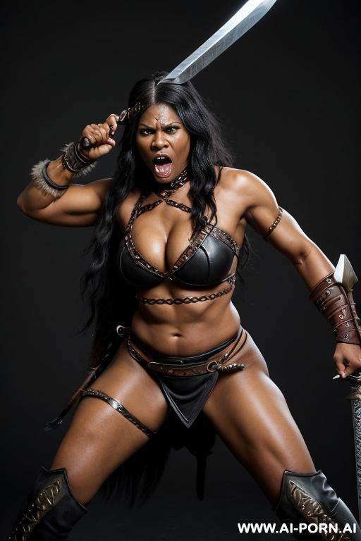 black woman, ((barbarian woman)), angry face, swinging sword - #main