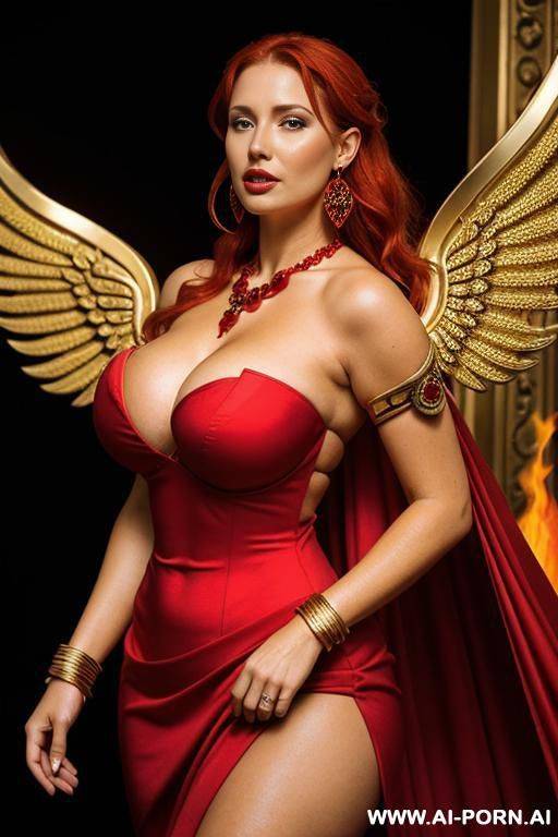 goddess of fire, massive boobs, firey wings, strapless red dress, red hair, gold shoulder armor, gold bracelets, ruby earrings, ruby necklace, temple - #main