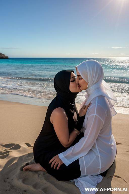 lesbian woman sitting beside the beach kissing a hijab lesbian women from her mouth - #main