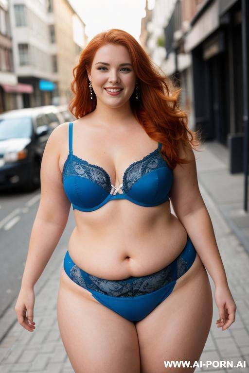 full body photo shot from back, about at street, fat bbw woman, with tummy, wearing a sexy and hot blue lace lingeries, she is possing, she is like a model - #main