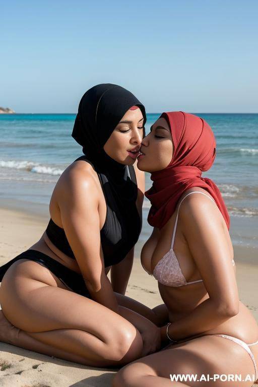 lesbian woman with a pikiny sitting beside the beach kissing a hijab lesbian women from her mouth and playing with her pussy - #main