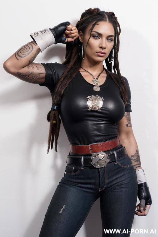 ((beautiful woman with athletic body, athletic build, muscular, gorgeous figure, wide hips, natural breasts, black long hair braided in dreadlocks , expressive thick black eyebrows)) ((body covered - #main