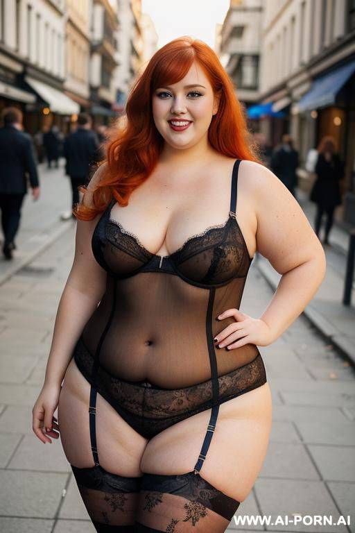 full body photo shot, about at street at morning, fat bbw woman, wearing a sexy and hot blue lace stocking lingeries, she is ona sexy pose, people around - #main