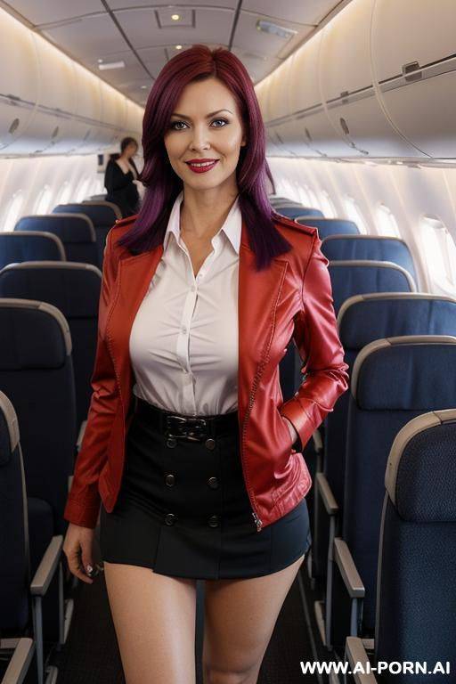 sexy and hot milf public airline stedess with skirt and closed jacket of the same red color, same fabric and same texture, ultra realistic, 3, big breasts, full body view, wears a sexy, hot - #main