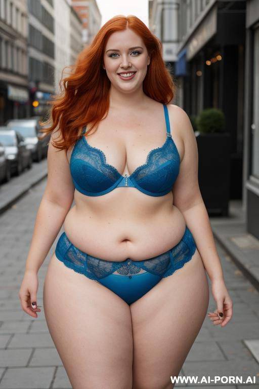 full body photo shot, about at street, fat bbw woman, with tummy, wearing a sexy and hot blue lace lingeries, she is possing, she is like a model - #main