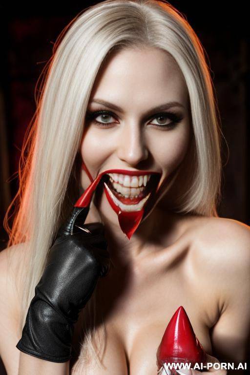 fantasy setting, (vampire), (((pointy vampire teeth))), nude, blonde, bone white skin, red juice covering mouth - #main