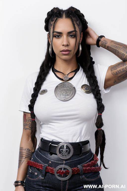 ((beautiful woman with athletic body, athletic build, gorgeous figure, wide hips, natural breasts, black long hair braided in dreadlocks , expressive thick black eyebrows)) ((body covered with tattoos, - #main