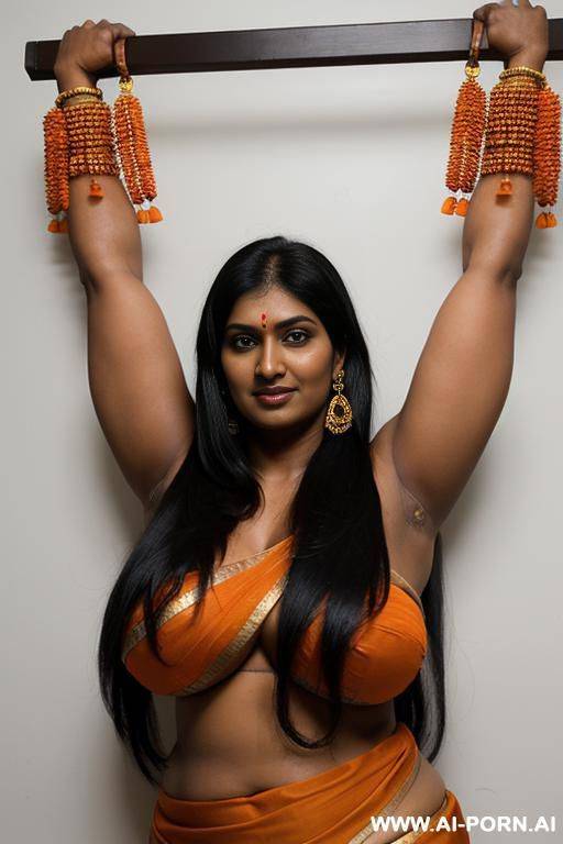 indian woman, very dark skin, long black hair, massive breasts, (((very thick arms))), extremely thick upper_arms, massive boobs, hairy pussy, black armpit hair, wearing an orange sari, (((((both arms up))))), crucified - #main