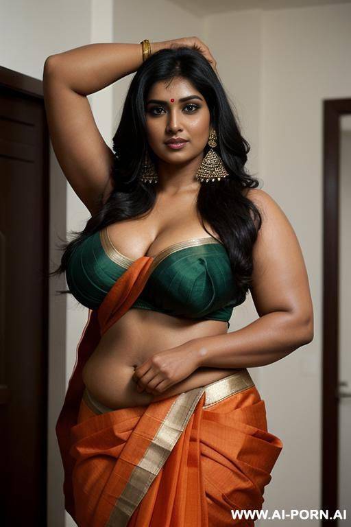 indian woman, very dark skin, long black hair, massive breasts, (((very thick arms))), extremely thick upper_arms, massive boobs, hairy pussy, black armpit hair, wearing an orange sari, both arms up - #main