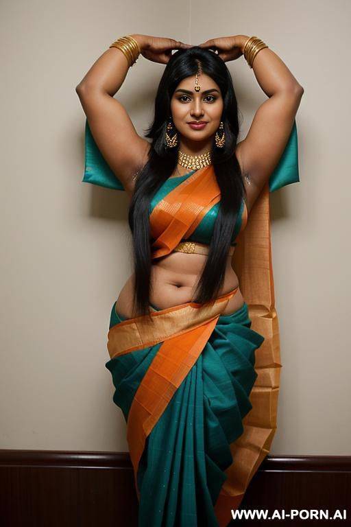 indian woman, very dark skin, long black hair, massive breasts, (((very thick arms))), extremely thick upper_arms, massive boobs, hairy pussy, black armpit hair, wearing an orange sari, (((((both arms up))))) - #main