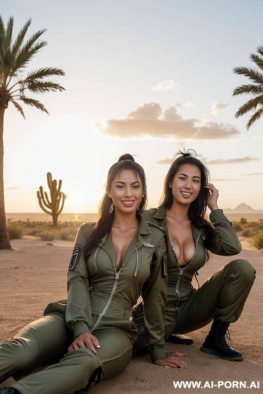 (desert sanctuary, palm trees, water); twins, olive skin, enjoying the sun, military jumpsuit zipped open, large cleavage - #main