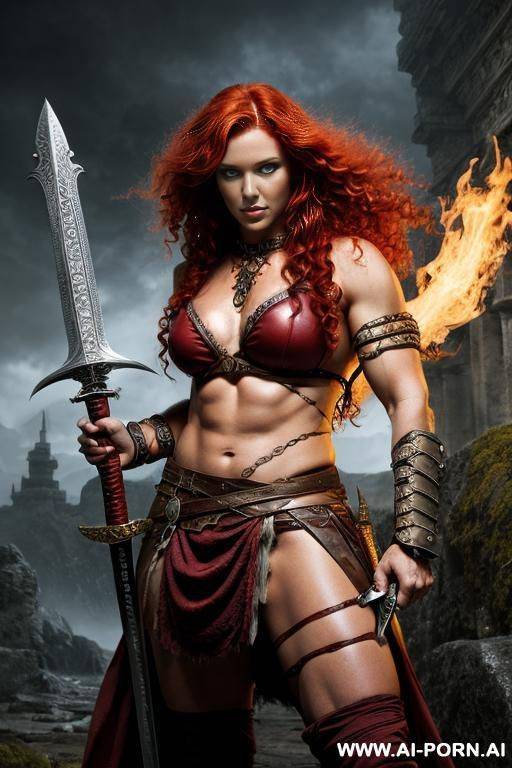 fantasy setting, barbarian, curly red hair, strong pose, holding sword - #main