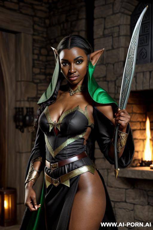 fantasy setting, (((black skinned elf))), ((wearing elf robes, )), holding bow - #main