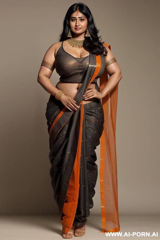 indian woman, very dark skin, long black hair, massive breasts, (((very thick arms))), extremely thick upper_arms, massive boobs, hairy pussy, black armpit hair, wearing an orange transparent sari - #main