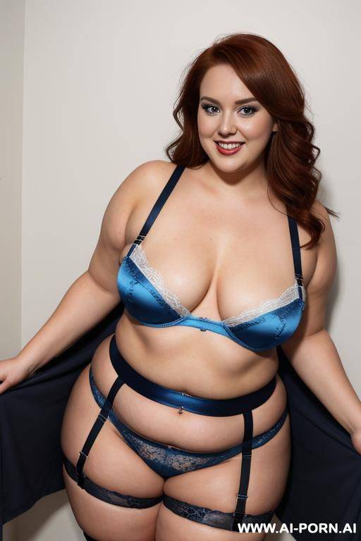 full body photo shot from dinamyc angle, photo studio, fat bbw curvy woman, wearing a sexy and hotcblue garter belt lingeries, she is stand up - #main