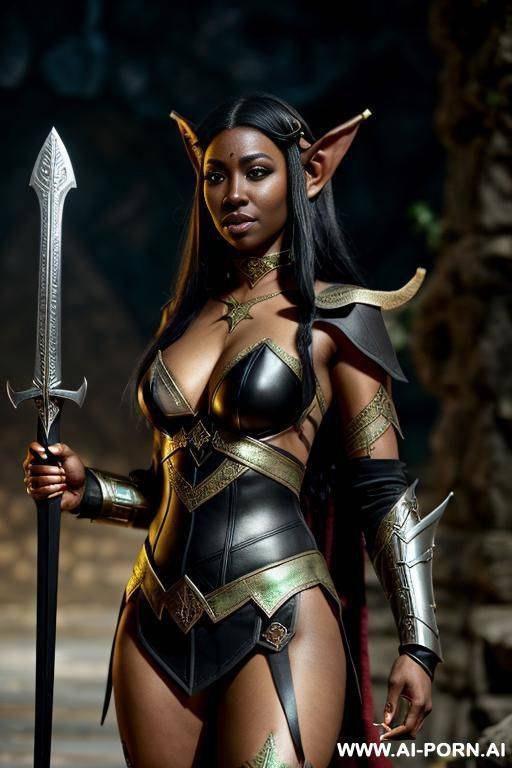 fantasy setting, (((elf))), (((black skin))), elven ears, ((wearing elf armor)), holding sword - #main