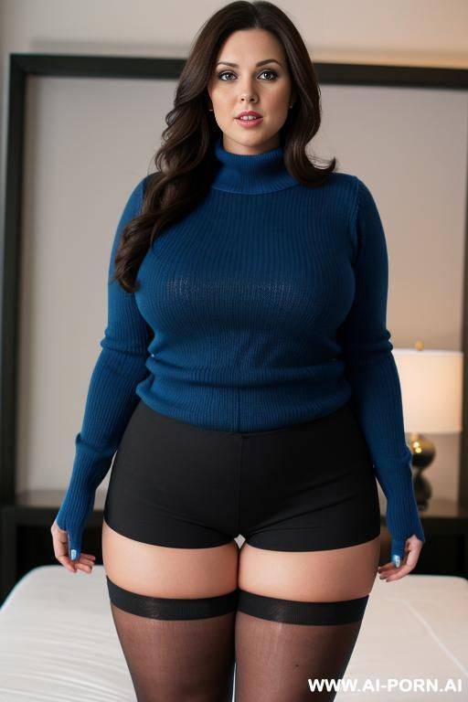 chubby brunette 30 year old woman, wearing a blue tight sweater, black shorts and black pantyhose - #main