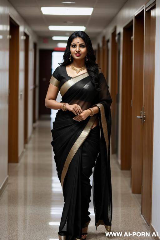 indian women black 0 thick and busty wearing black saree walking in to class - #main