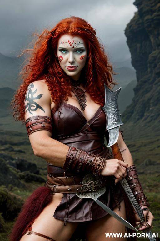 fantasy setting, barbarian, curly red hair, strong pose, holding sword, face paint - #main