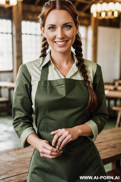 (place: dim mess hall); (wearing "green military uniform, top opened" and "white apron", ) - #main