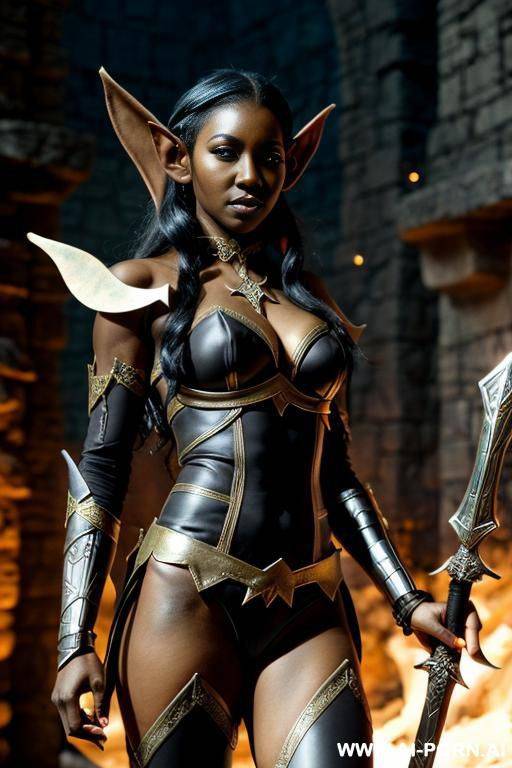 fantasy setting, (((elf))), (((black skin))), ((wearing elf armor)), holding sword - #main