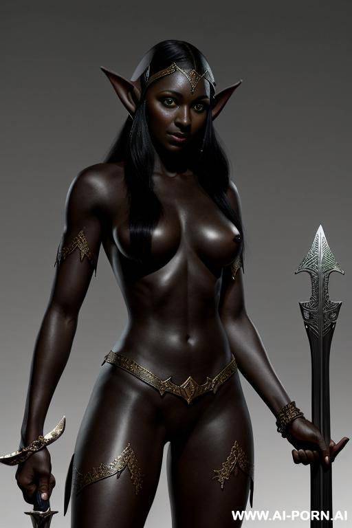 fantasy setting, (((black skinned elf))), nude, holding sword - #main