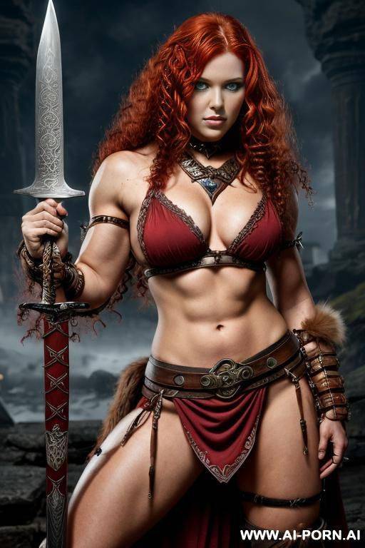 fantasy setting, female barbarian, curly red hair, strong pose, holding sword, - #main