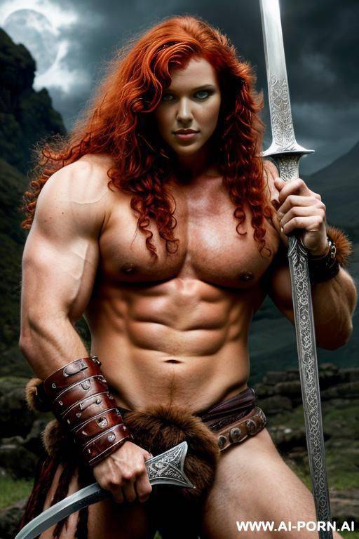 fantasy setting, barbarian, curly red hair, strong pose, holding sword, large penis - #main