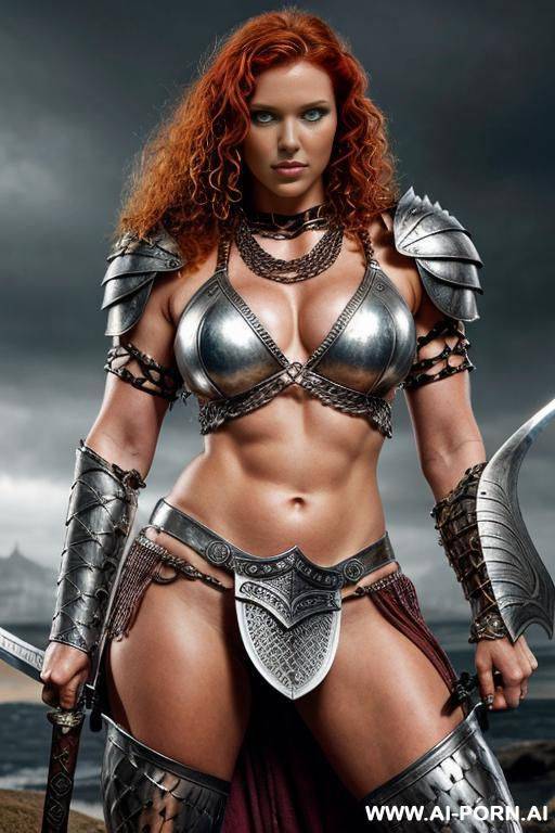 fantasy setting, female barbarian, curly ginger hair, silver chain mail bikini armor, strong pose, holding sword, - #main