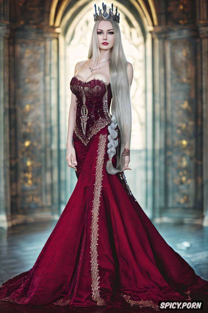 tiara, confident smirk, long silver blonde hair in a braid, wearing a tight regal black and red gown - #main