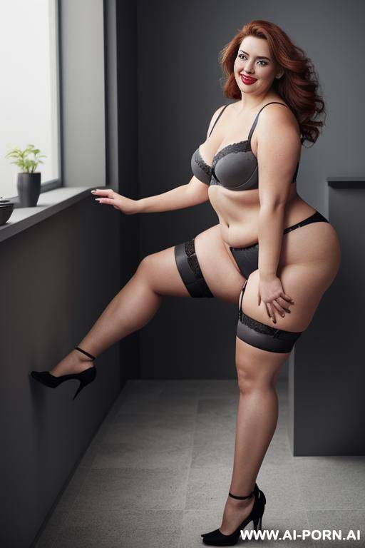 full body photo shot from dinamyc angle, photo studio, fat bbw curvy woman, wearing a sexy and hot blue garter belt lingeries, she is stand up, wearing a cuppless bra, red lips. - #main